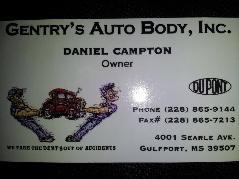 Gentry's business card with a cartoon of two mechanics pulling the dents out of a red hot rod